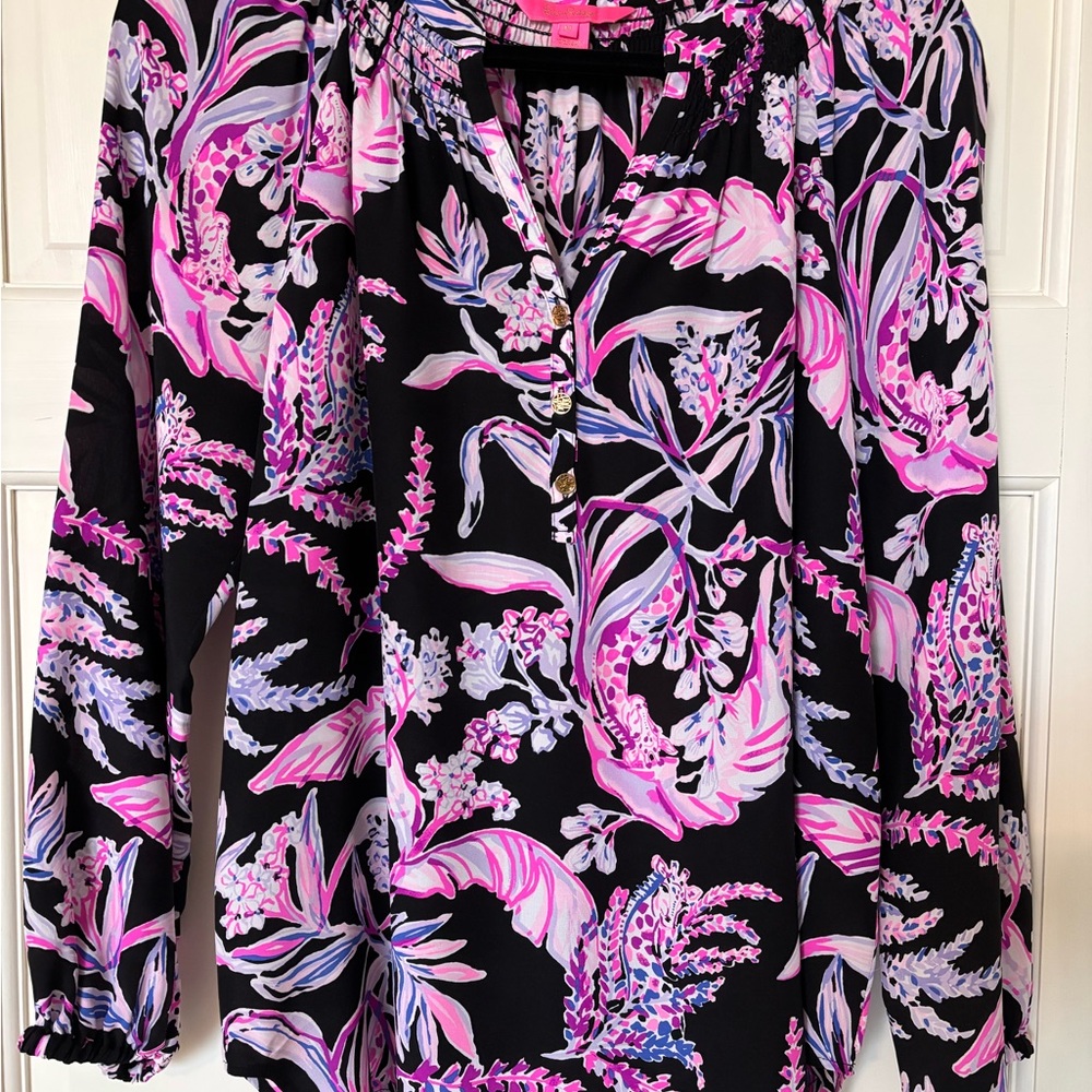 Lilly Pulitzer Silk Elsa Blouse with Pink & Lilac Floral Print